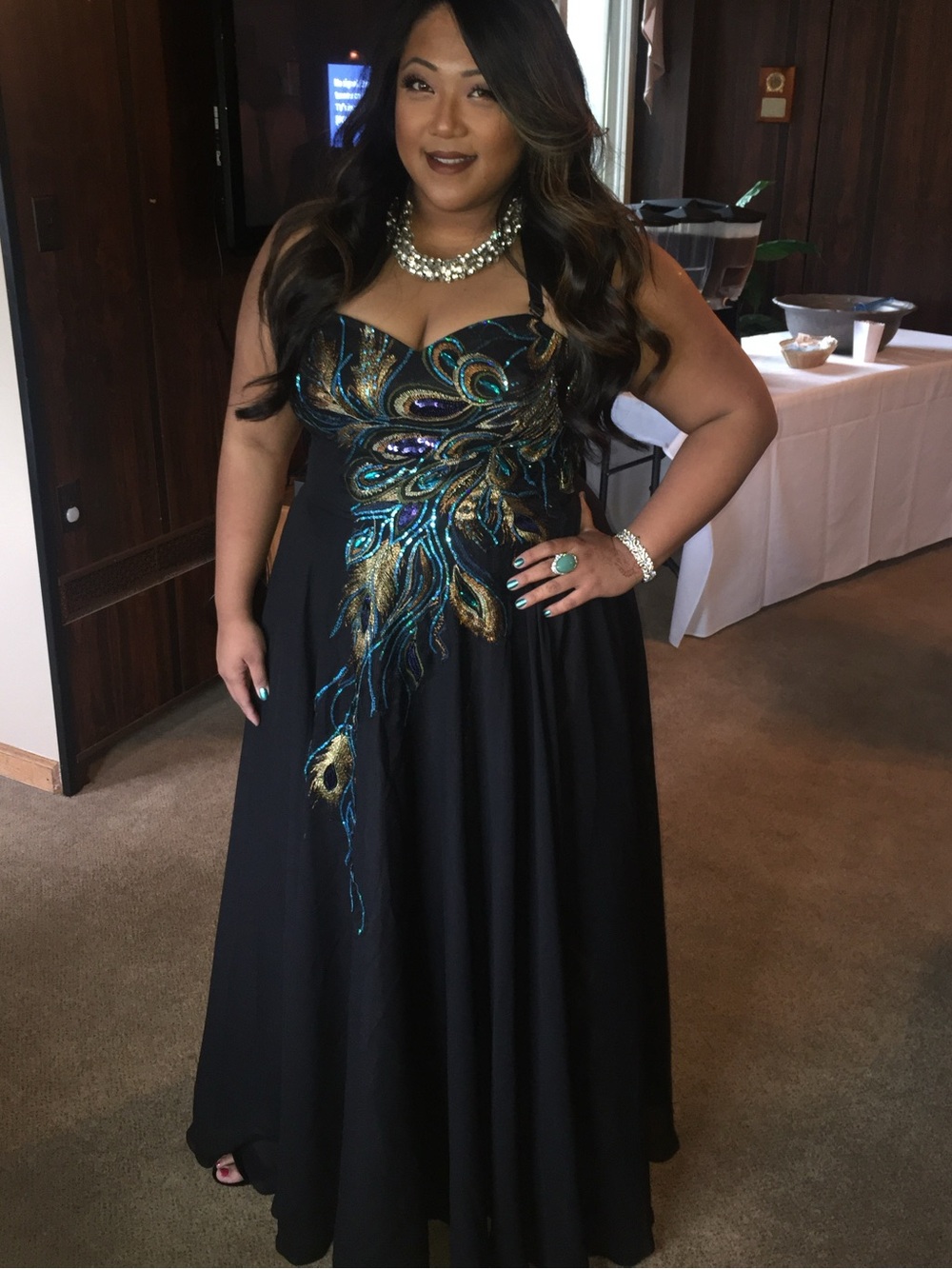 Grace Karin Size 14-16 Black Strapless Evening Gown with Peacock Embroidery